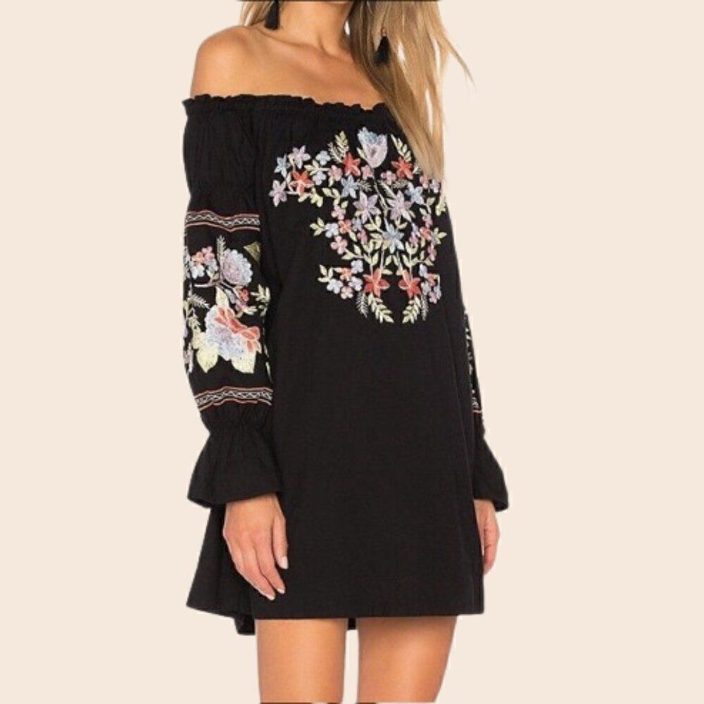 Free People Black Fleur Du‎ Jour Embroidered Mini Dress Size Extra Small - Picture 3 of 14